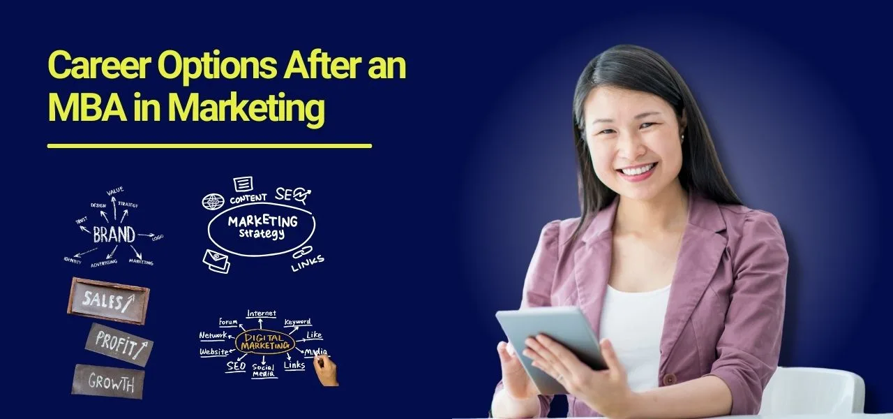 Career options after an MBA in Marketing showing roles in brand management, digital marketing, sales, profit growth, and marketing strategy with a professional smiling on tablet.