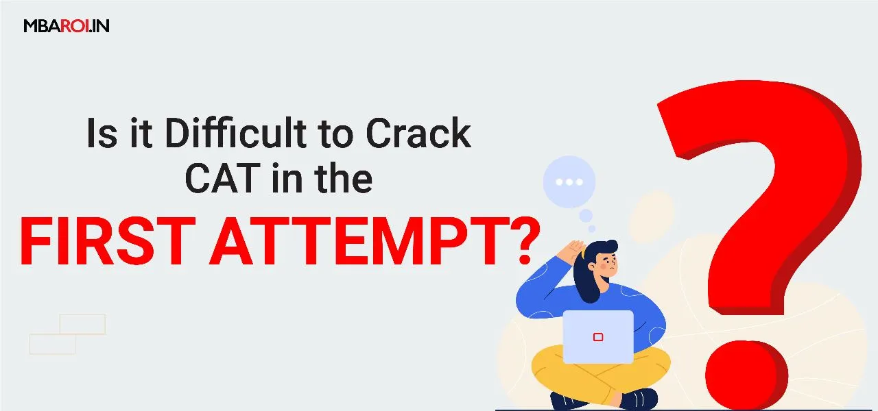 Student thinking with laptop beside a large question mark, asking if it's difficult to crack CAT on the first attempt