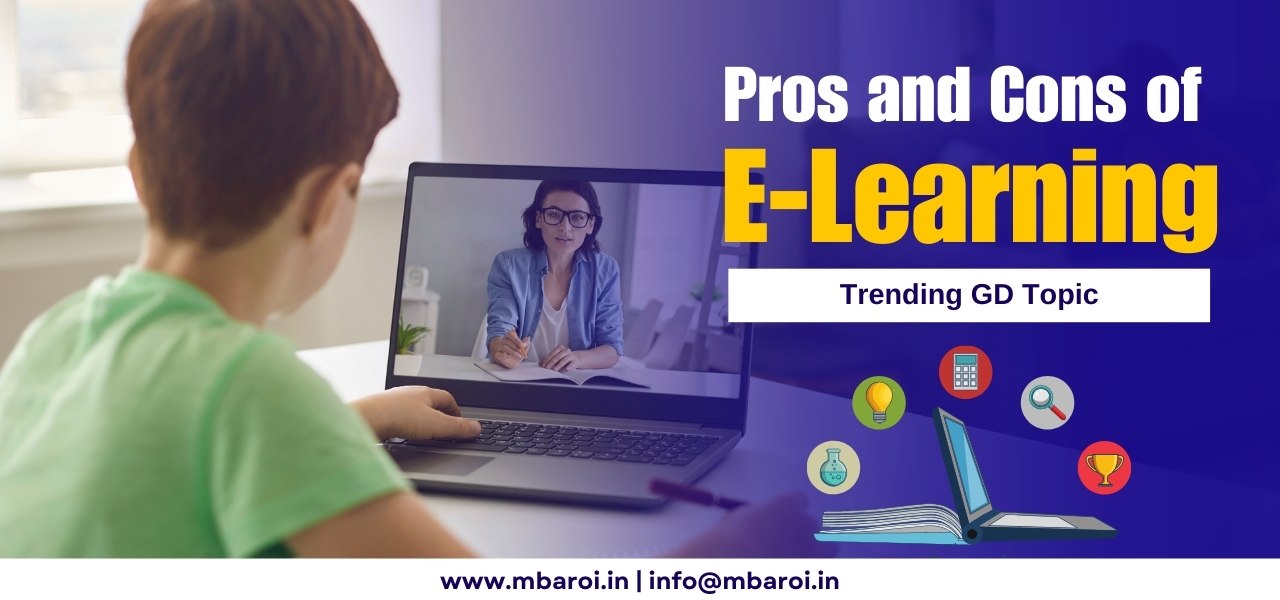 Boy studying through E-learning With text Pros and Cons of E-Learning